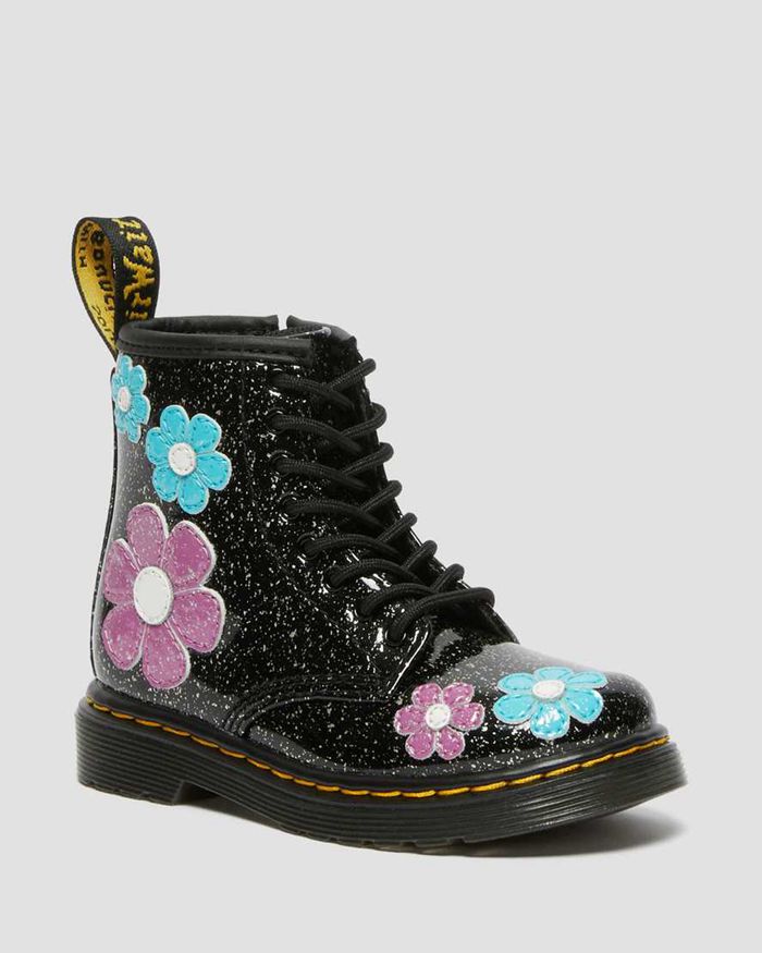 Dr Martens Støvler Barn Svart Toddler 1460 Glitter Patent Læder Lace Up 5091UMXBG